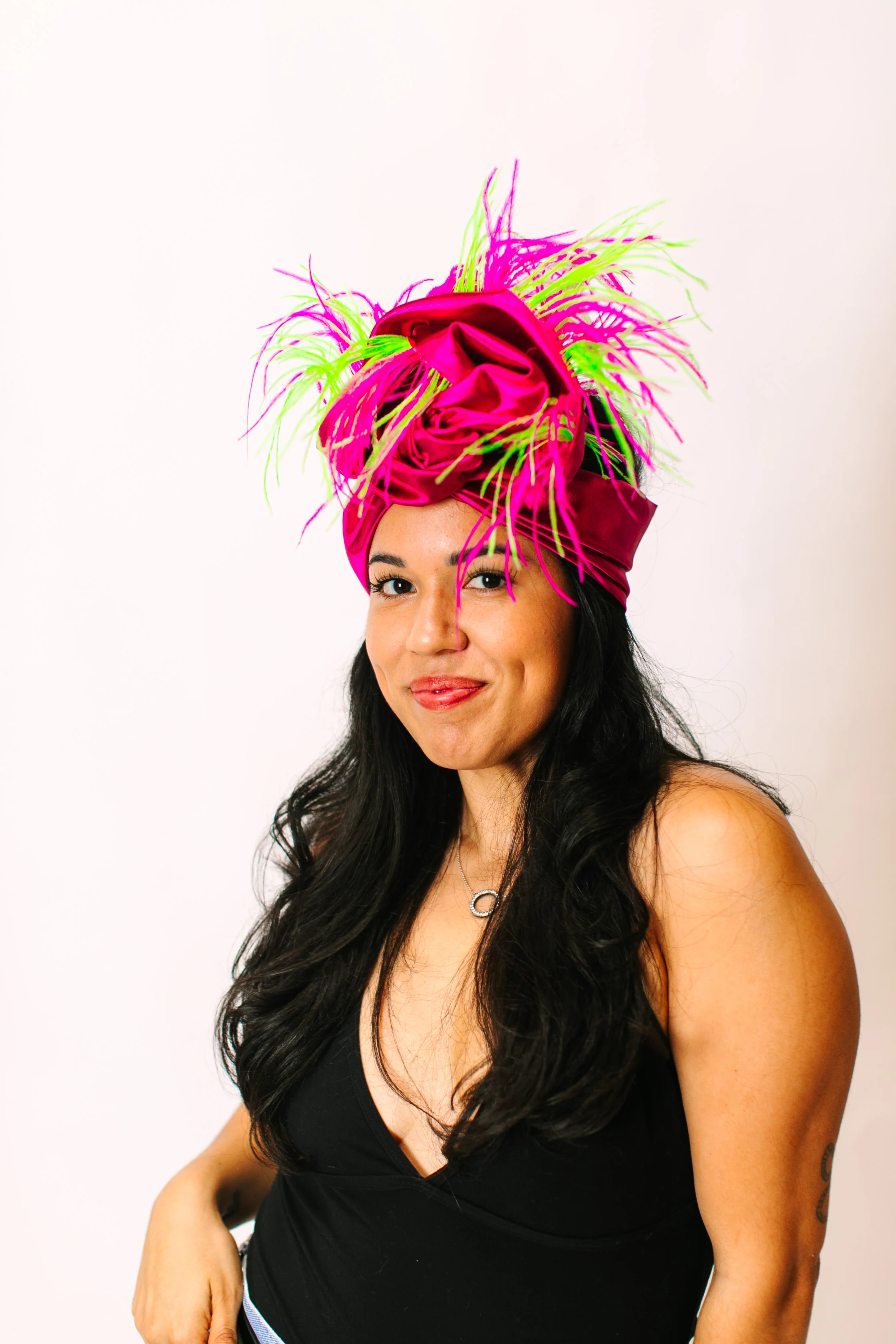 Fuchsia Lame With Pink & Green Ostrich Feathers
